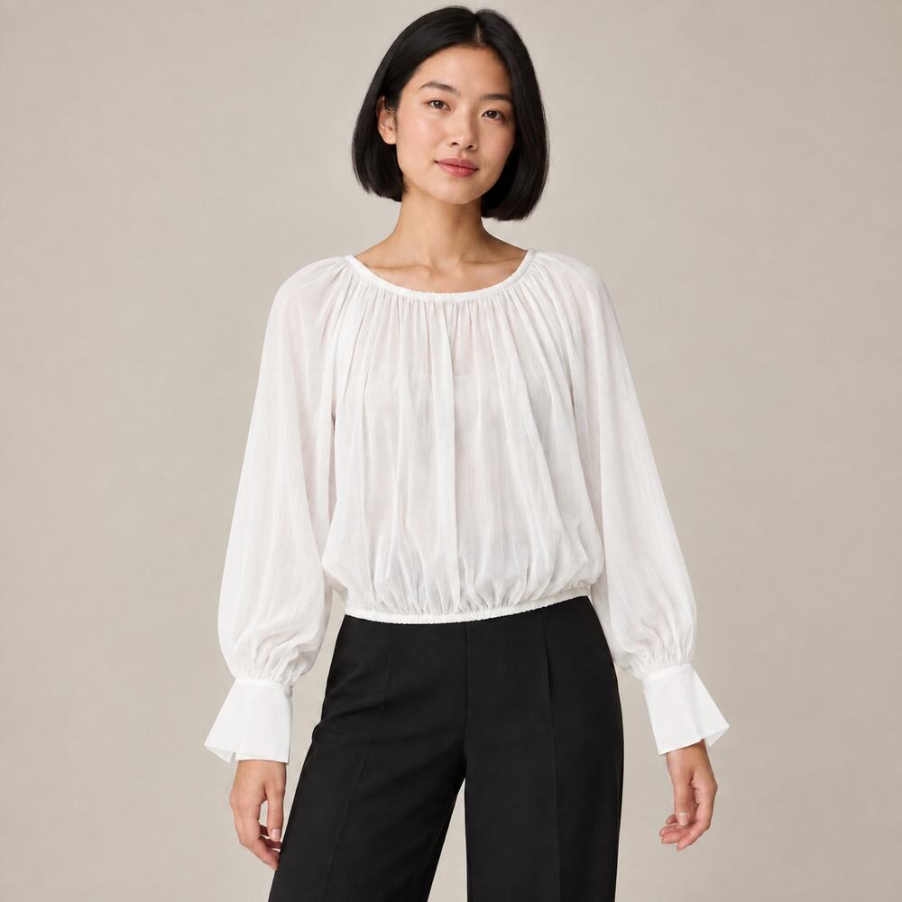 J.Crew Collection Blouse WMNS XS White Sheer Gathered Top Romantic Minimalist